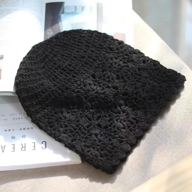 Women Exquisite Hollow Thin Lace Art Knit Crochet Beanie Flower Solid Colors Breathable Fashion Hat