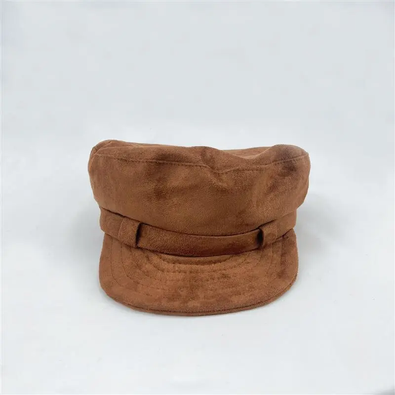 Retro Brown Suede Winter Military Cap Men Women Fashion Flat Newsboy Cap Autumn Belt Ribbon Chapeau Visor Hat