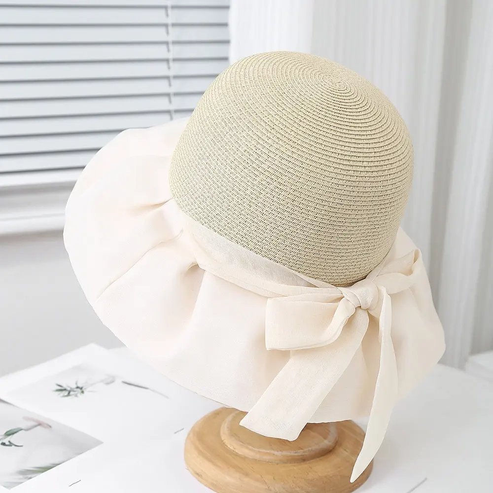 Lady Organza Lace Bow Foldable Sun Protection Elegant Large Eave Outdoor Vacation Travel Straw Hat
