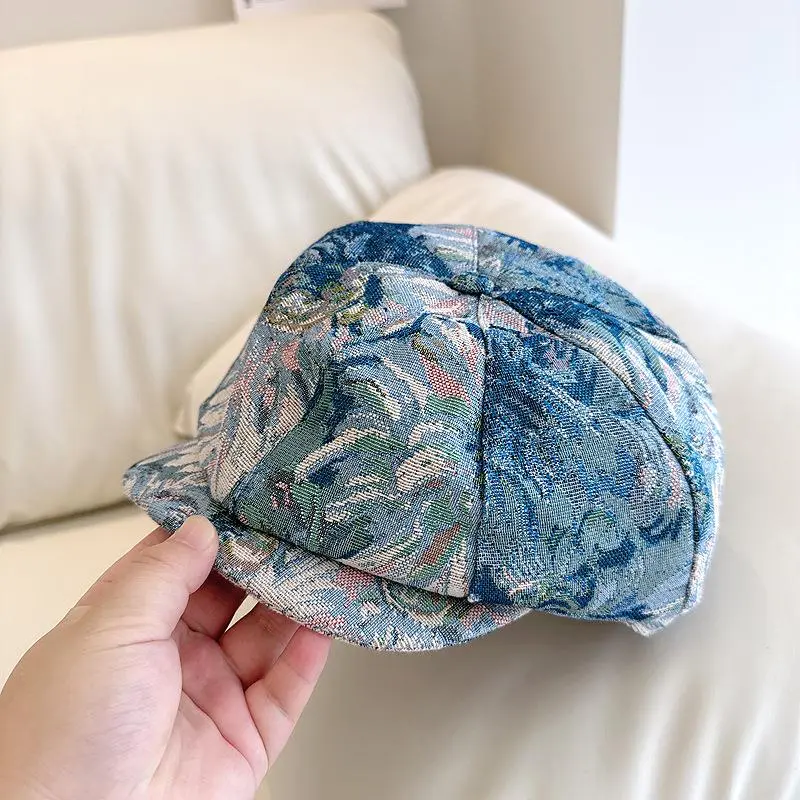 Oil Paint Print Octagonal Hat Women Sping Autumn Fashion Retro Trendy Jacquard Thick Newsboy Hat