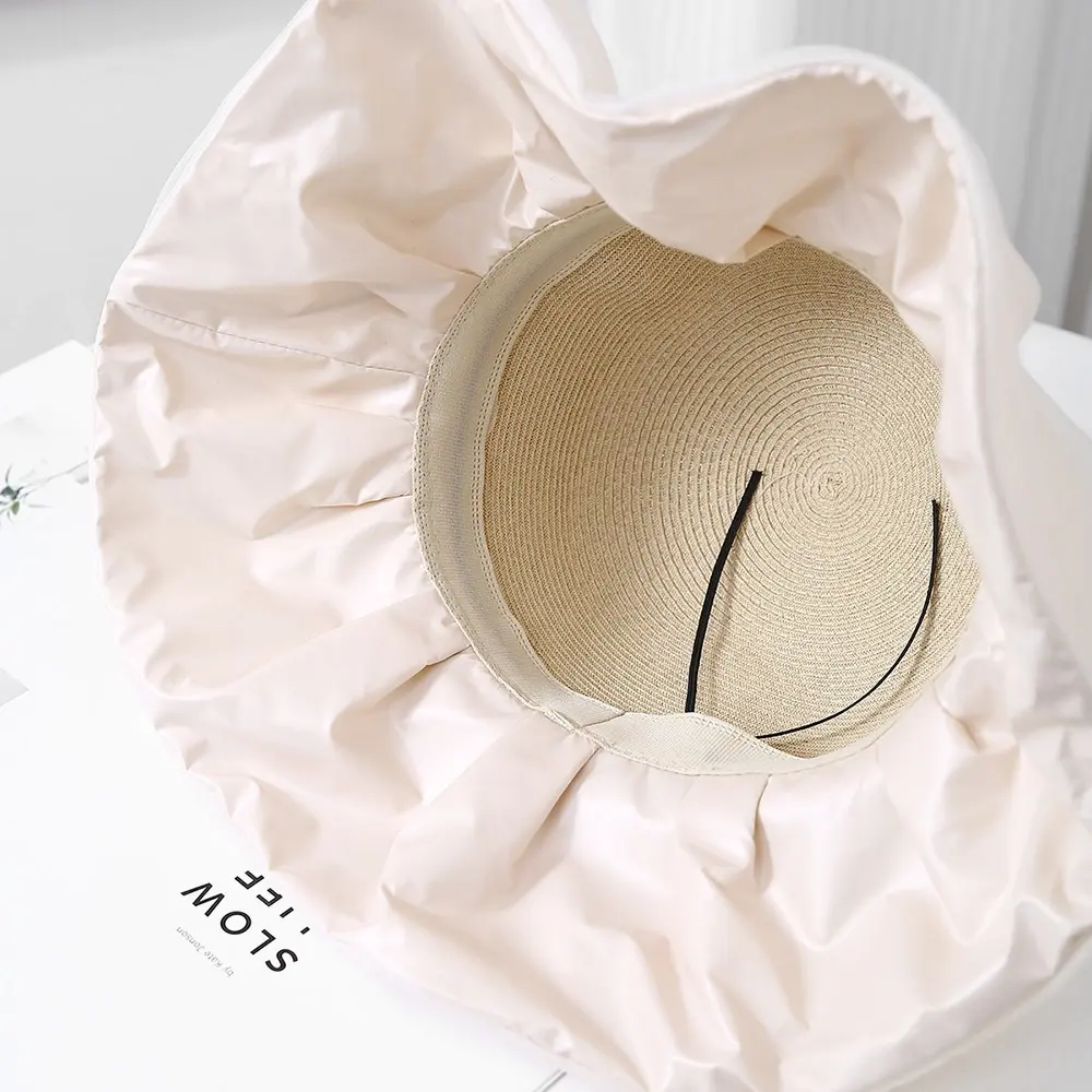 Lady Organza Lace Bow Foldable Sun Protection Elegant Large Eave Outdoor Vacation Travel Straw Hat
