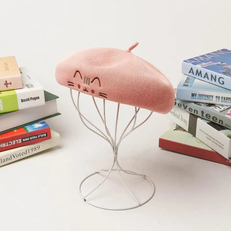 Beret Hat For Women Summer Cotton Linen Thin Literature and Art Retro Breathable Beret Fashion Cute Cat Embroidery Painter Hat