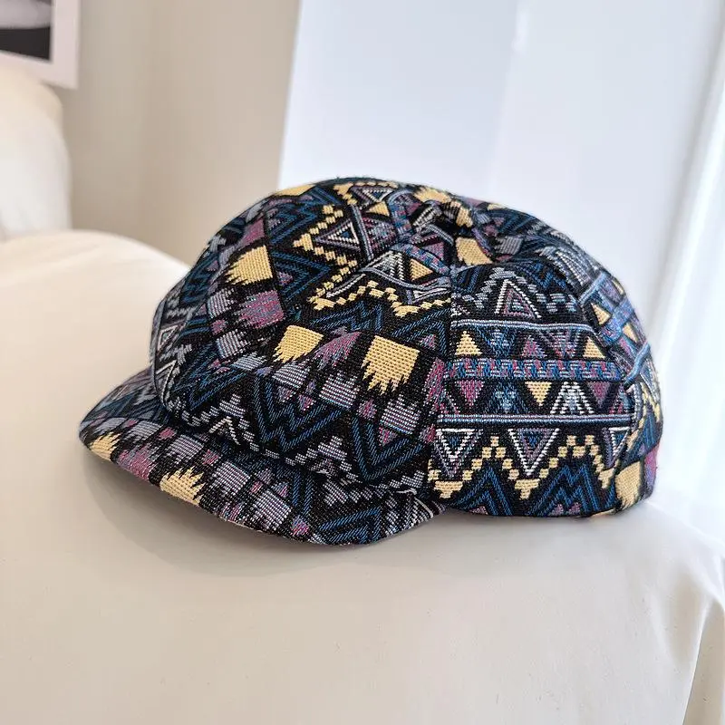 Oil Paint Print Octagonal Hat Women Sping Autumn Fashion Retro Trendy Jacquard Thick Newsboy Hat