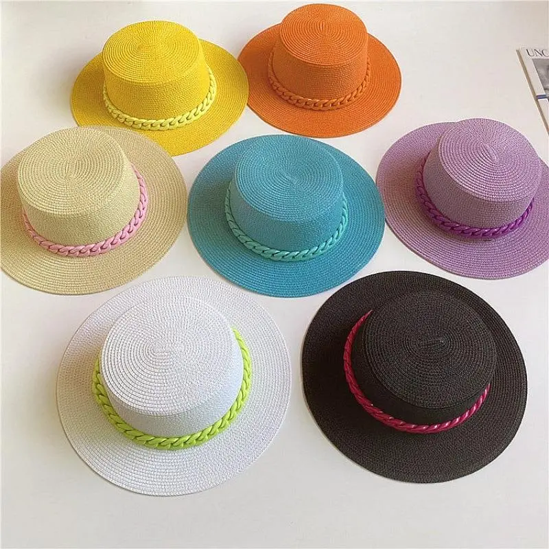 Female Summer Candy Colors Girl Straw Hat Weaving Travel Beach Sunshade Sun Hat Flat Top Hat With Detachable Chain