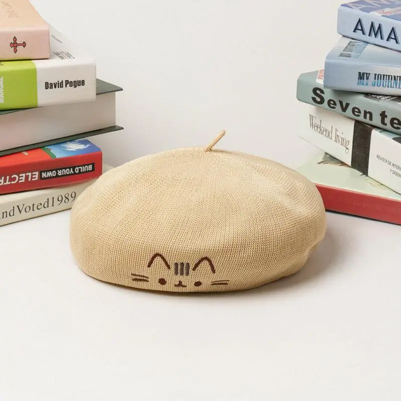 Beret Hat For Women Summer Cotton Linen Thin Literature and Art Retro Breathable Beret Fashion Cute Cat Embroidery Painter Hat