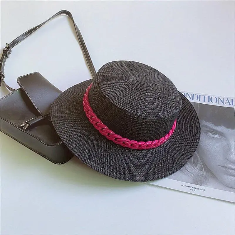 Female Summer Candy Colors Girl Straw Hat Weaving Travel Beach Sunshade Sun Hat Flat Top Hat With Detachable Chain