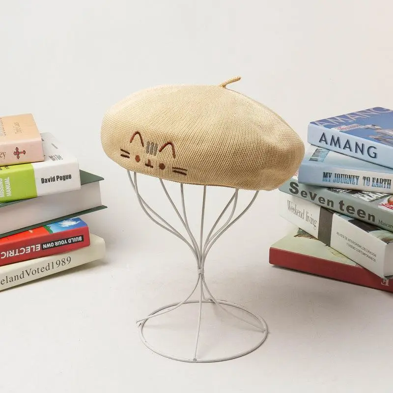 Beret Hat For Women Summer Cotton Linen Thin Literature and Art Retro Breathable Beret Fashion Cute Cat Embroidery Painter Hat