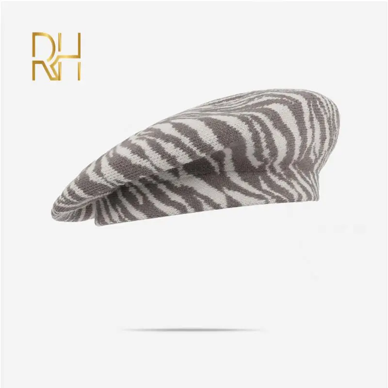 Autumn Winter Soft Knitted French Beret Women Female Solid Korean Zebra Stripe Knit Warm Berets Streetwear Painter Hat RH