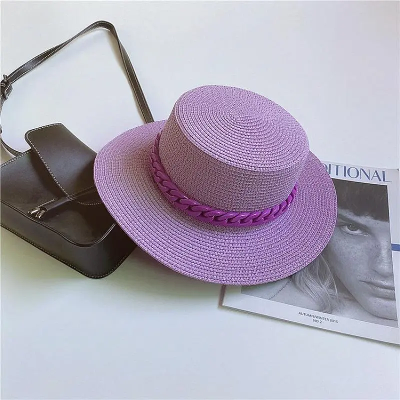 Female Summer Candy Colors Girl Straw Hat Weaving Travel Beach Sunshade Sun Hat Flat Top Hat With Detachable Chain