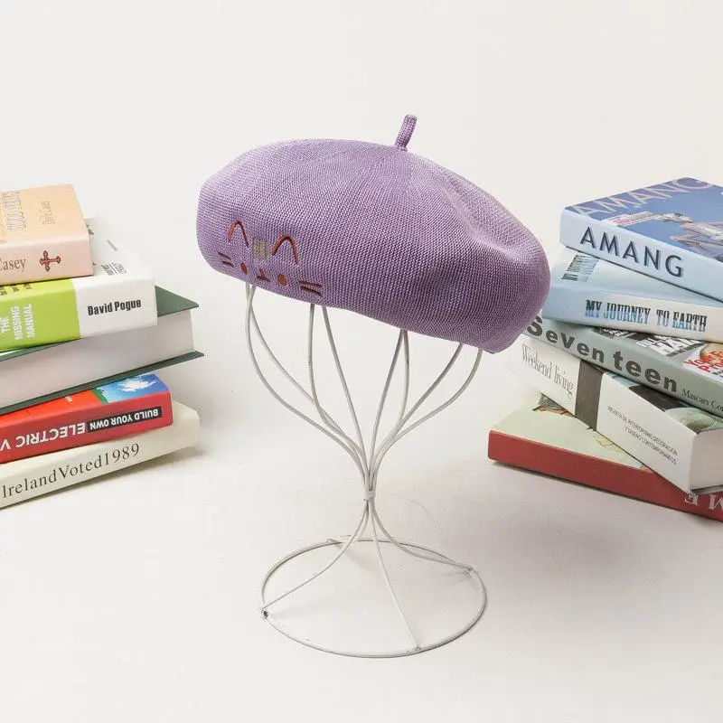 Beret Hat For Women Summer Cotton Linen Thin Literature and Art Retro Breathable Beret Fashion Cute Cat Embroidery Painter Hat