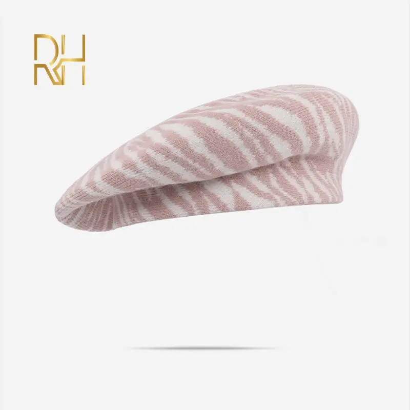 Autumn Winter Soft Knitted French Beret Women Female Solid Korean Zebra Stripe Knit Warm Berets Streetwear Painter Hat RH