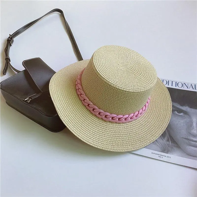 Female Summer Candy Colors Girl Straw Hat Weaving Travel Beach Sunshade Sun Hat Flat Top Hat With Detachable Chain
