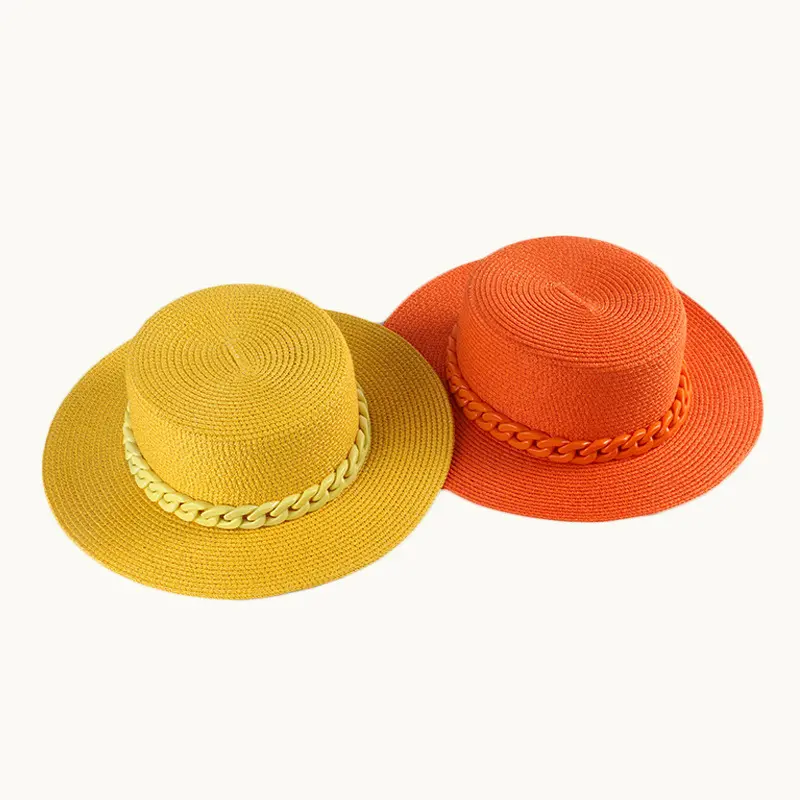 Female Summer Candy Colors Girl Straw Hat Weaving Travel Beach Sunshade Sun Hat Flat Top Hat With Detachable Chain