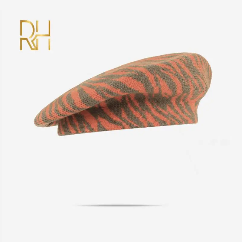 Autumn Winter Soft Knitted French Beret Women Female Solid Korean Zebra Stripe Knit Warm Berets Streetwear Painter Hat RH