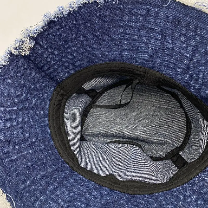 Lady Washed Denim Raw Cut Brim Bucket Hat Sun Shade Casual Adult Blue Cotton Fisherman Hat