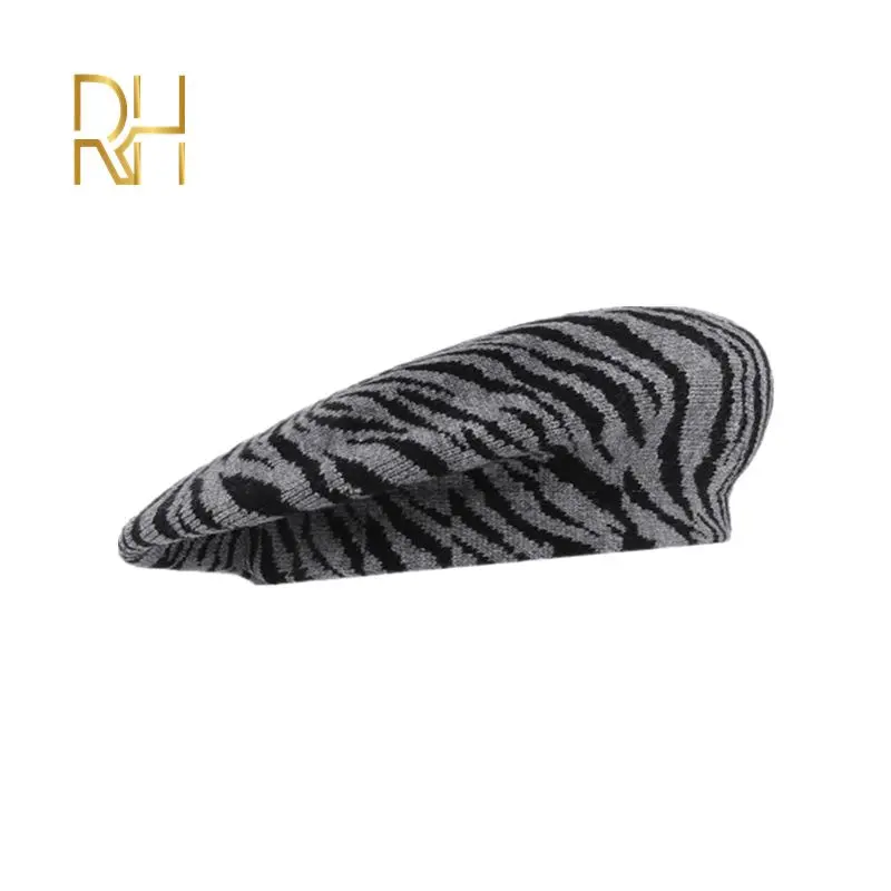 Autumn Winter Soft Knitted French Beret Women Female Solid Korean Zebra Stripe Knit Warm Berets Streetwear Painter Hat RH