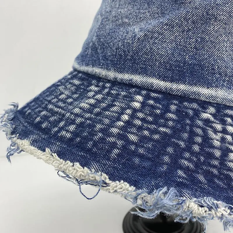 Lady Washed Denim Raw Cut Brim Bucket Hat Sun Shade Casual Adult Blue Cotton Fisherman Hat
