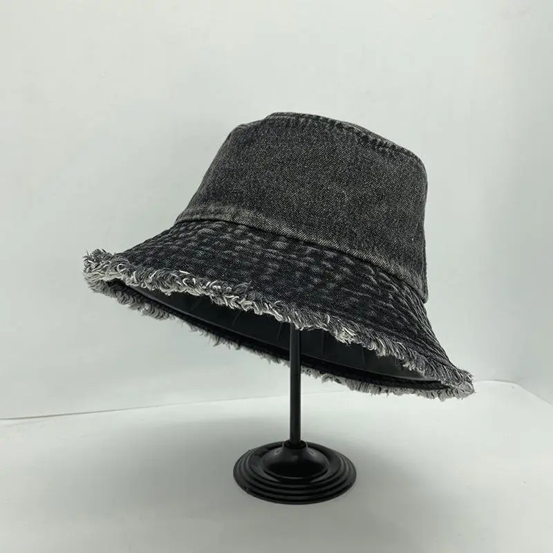 Lady Washed Denim Raw Cut Brim Bucket Hat Sun Shade Casual Adult Blue Cotton Fisherman Hat