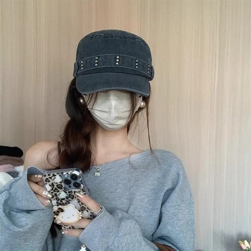 Retro Wash Old Denim Cotton Flat Beret Women Blue Navy Hat Spring Autumn Casual Rivet Peaked Octagonal Cap