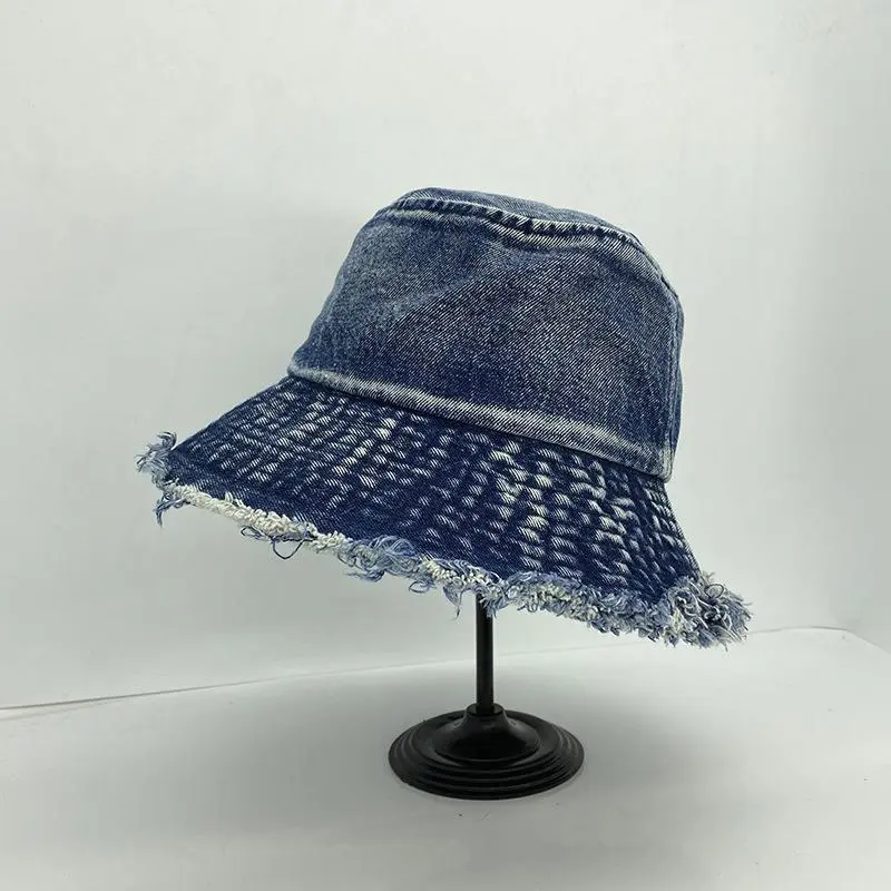 Lady Washed Denim Raw Cut Brim Bucket Hat Sun Shade Casual Adult Blue Cotton Fisherman Hat
