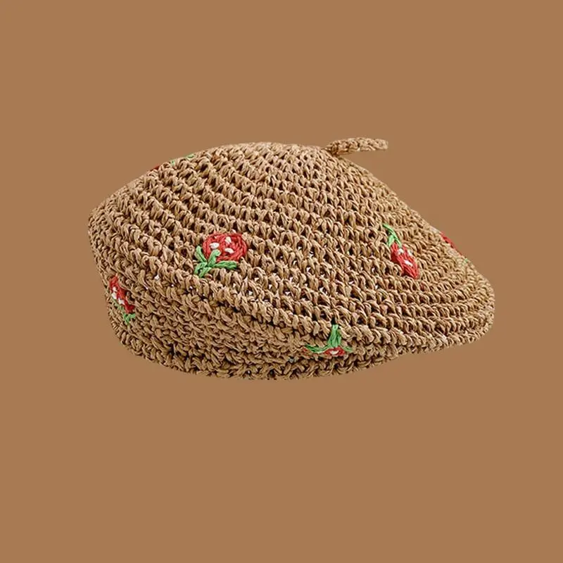 Lady Vacation Style Straw Crochet Strawberry Beret Handmade Outside Photography Vintage Breathable Painter Hat
