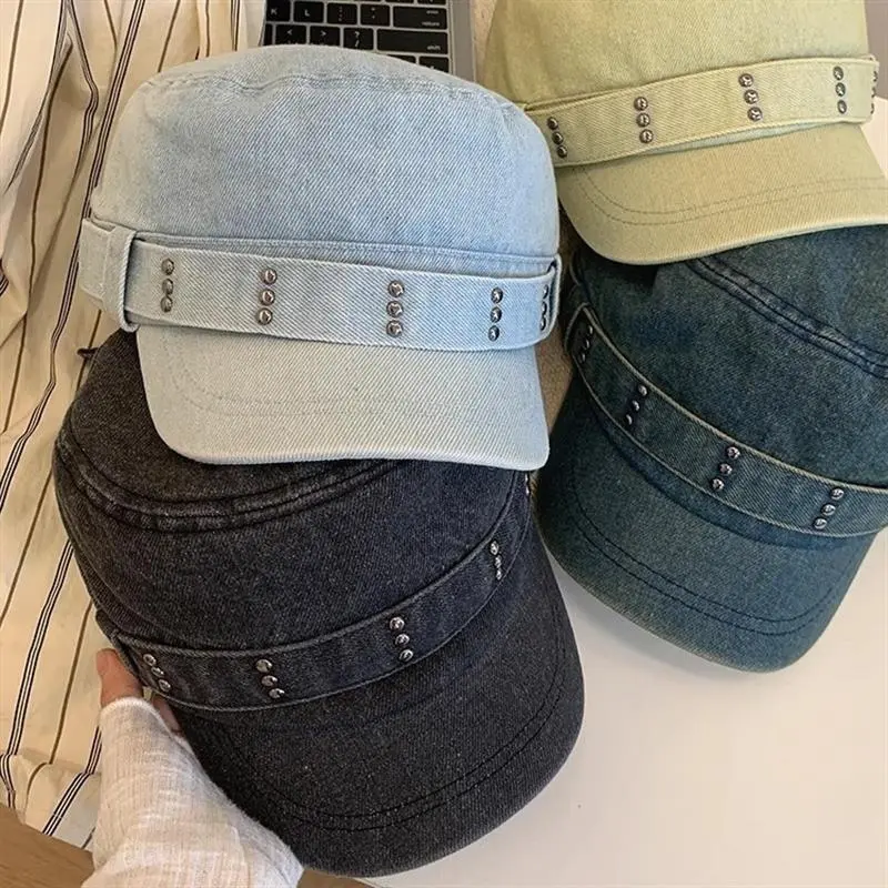 Retro Wash Old Denim Cotton Flat Beret Women Blue Navy Hat Spring Autumn Casual Rivet Peaked Octagonal Cap