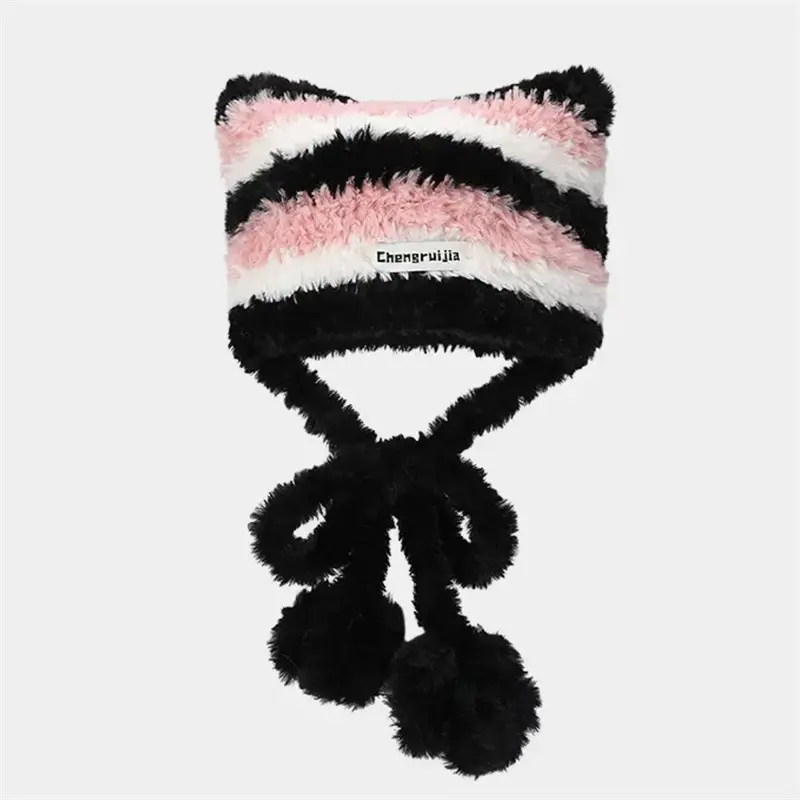 Women Winter Warm Fashion Thick Plush Long Tie Cute Sweet Yarn Knit Bags Soft Fluffy Skullies Stripe Hat