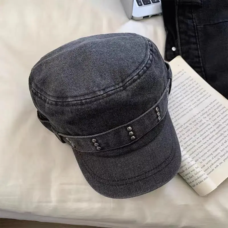 Retro Wash Old Denim Cotton Flat Beret Women Blue Navy Hat Spring Autumn Casual Rivet Peaked Octagonal Cap