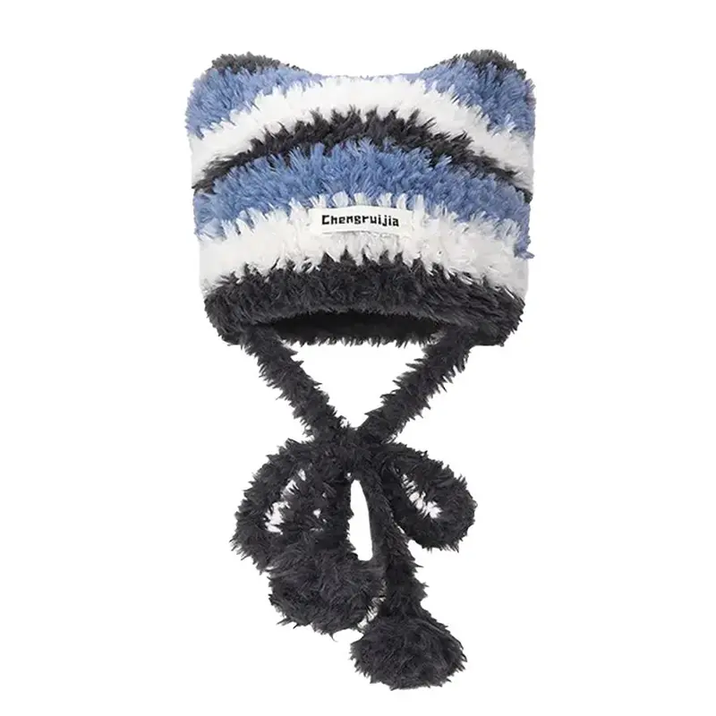 Women Winter Warm Fashion Thick Plush Long Tie Cute Sweet Yarn Knit Bags Soft Fluffy Skullies Stripe Hat