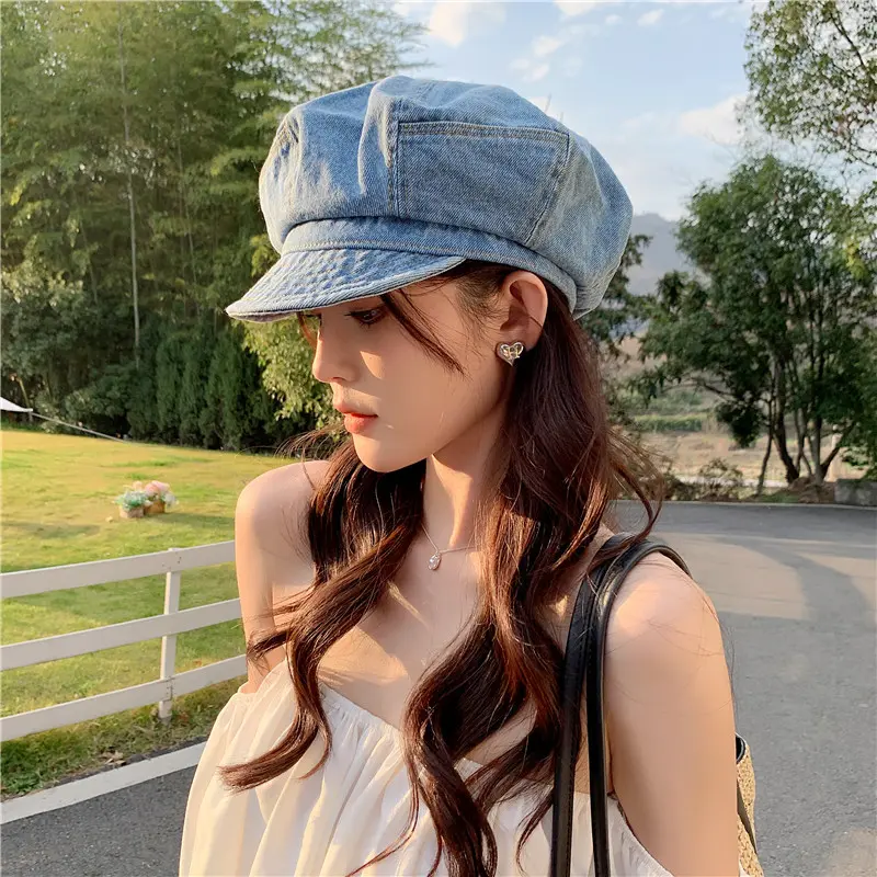 Retro Washed Cotton Denim Beret Big Head Cloud Casual Painter Octagonal Cap Newsboy Hat