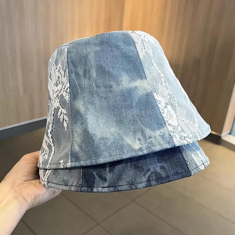 New Cotton Washed Denim Lace Fisherman Hat Street Casual Thin Bucket Hat Tie Dyed Sunshade Flat Bucket Hat