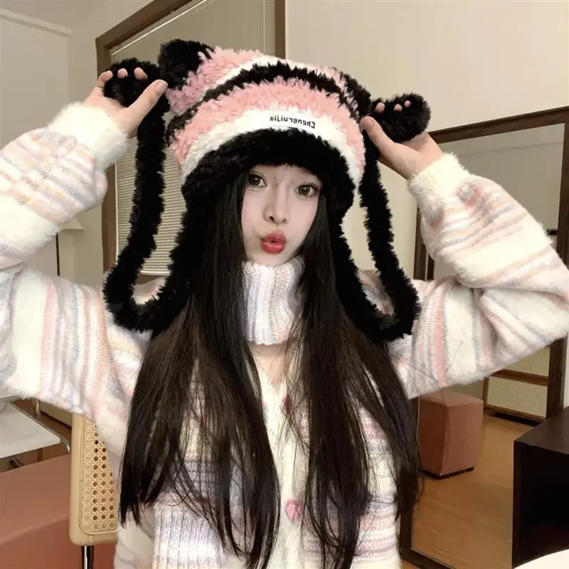 Women Winter Warm Fashion Thick Plush Long Tie Cute Sweet Yarn Knit Bags Soft Fluffy Skullies Stripe Hat