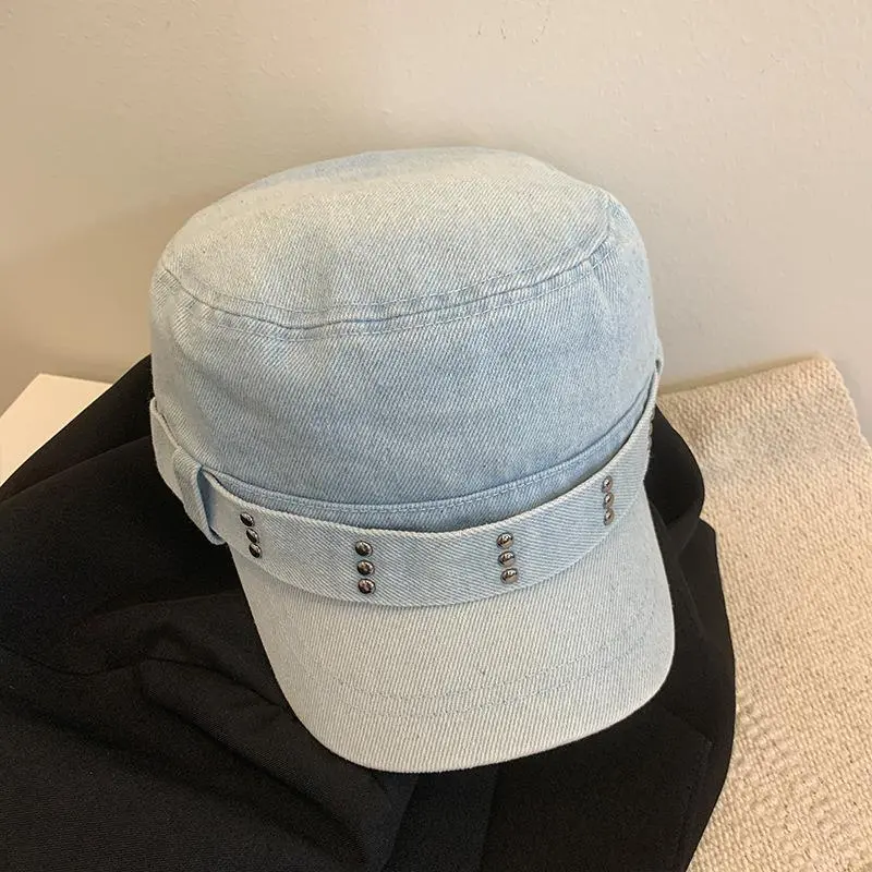 Retro Wash Old Denim Cotton Flat Beret Women Blue Navy Hat Spring Autumn Casual Rivet Peaked Octagonal Cap
