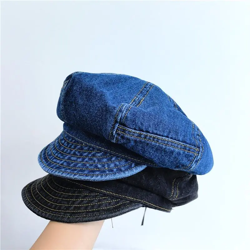 Retro Washed Cotton Denim Beret Big Head Cloud Casual Painter Octagonal Cap Newsboy Hat