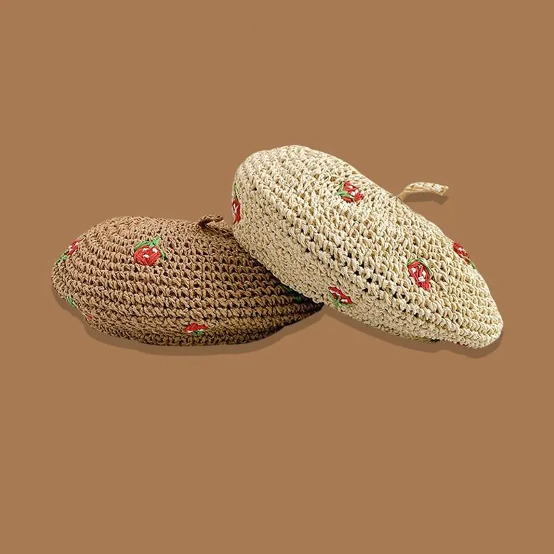Lady Vacation Style Straw Crochet Strawberry Beret Handmade Outside Photography Vintage Breathable Painter Hat