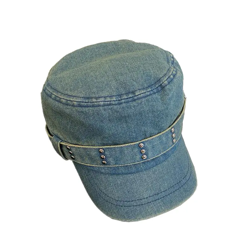 Retro Wash Old Denim Cotton Flat Beret Women Blue Navy Hat Spring Autumn Casual Rivet Peaked Octagonal Cap