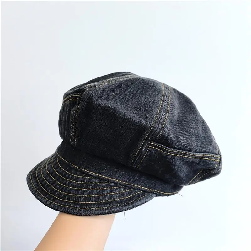 Retro Washed Cotton Denim Beret Big Head Cloud Casual Painter Octagonal Cap Newsboy Hat
