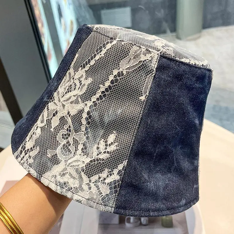 New Cotton Washed Denim Lace Fisherman Hat Street Casual Thin Bucket Hat Tie Dyed Sunshade Flat Bucket Hat