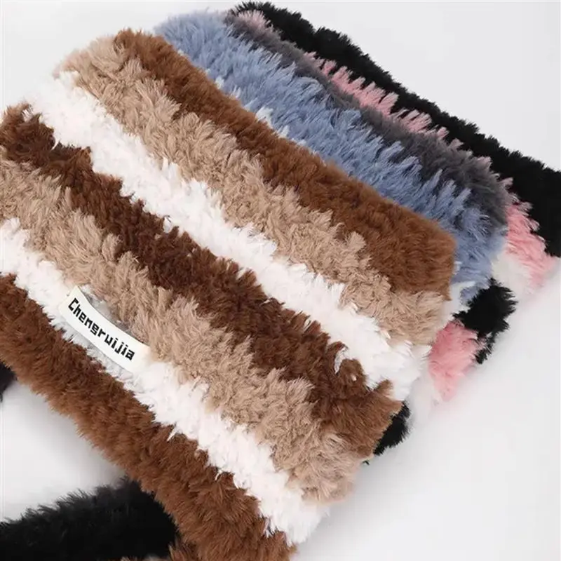 Women Winter Warm Fashion Thick Plush Long Tie Cute Sweet Yarn Knit Bags Soft Fluffy Skullies Stripe Hat