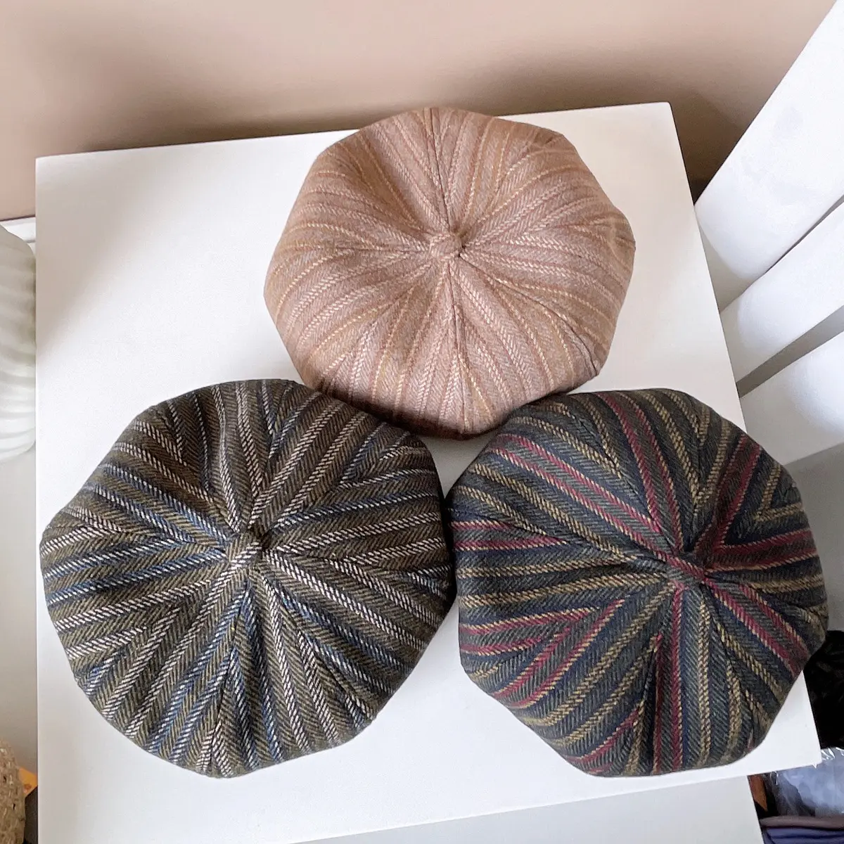 RH Women British Retro Adult Autumn Winter New Adjustable Artist Hat Tweed Stripe Fashion Beret Hat