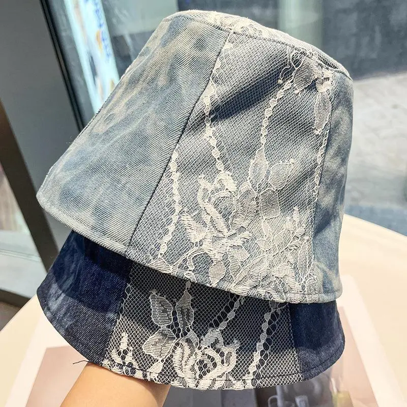 New Cotton Washed Denim Lace Fisherman Hat Street Casual Thin Bucket Hat Tie Dyed Sunshade Flat Bucket Hat