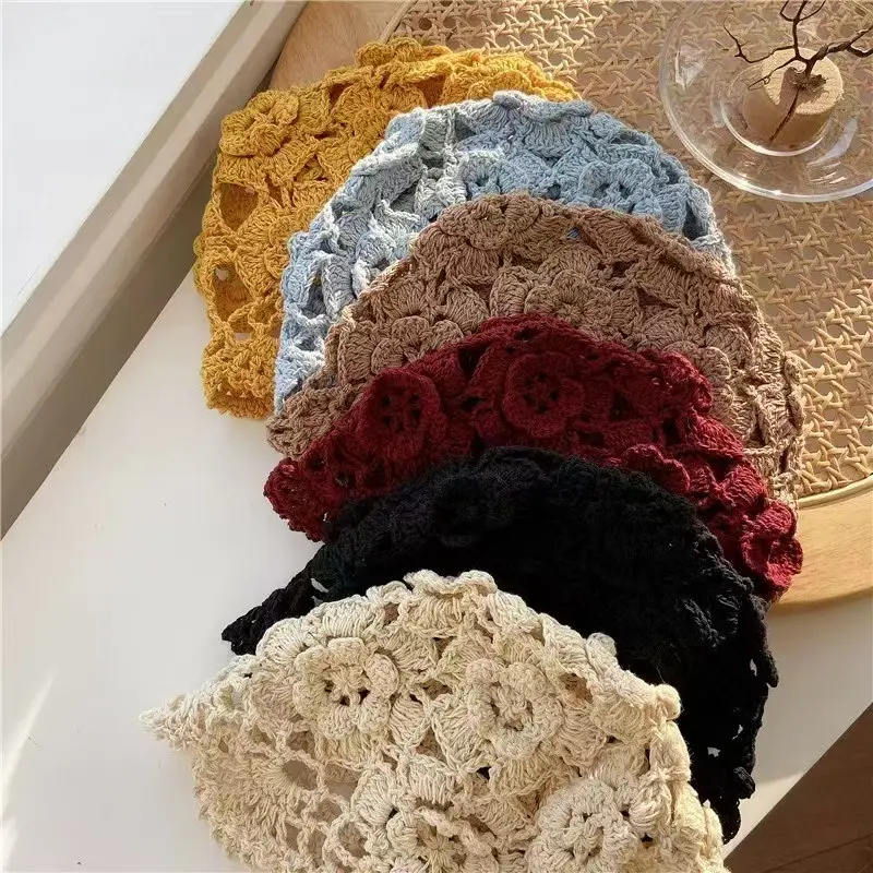 Handmade Woven Flowers Hollow Hat Lace Breathable Needle Wrap Head Cotton Thread Beanie Knit Hat