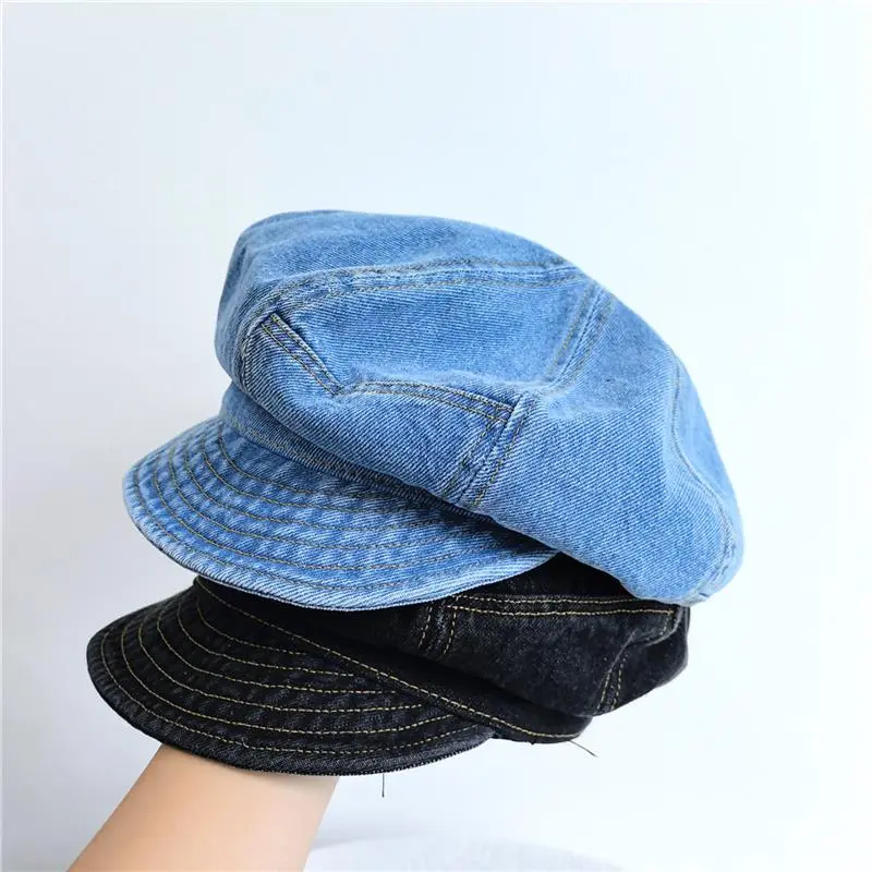 Retro Washed Cotton Denim Beret Big Head Cloud Casual Painter Octagonal Cap Newsboy Hat