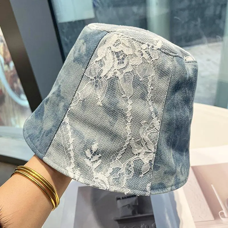 New Cotton Washed Denim Lace Fisherman Hat Street Casual Thin Bucket Hat Tie Dyed Sunshade Flat Bucket Hat