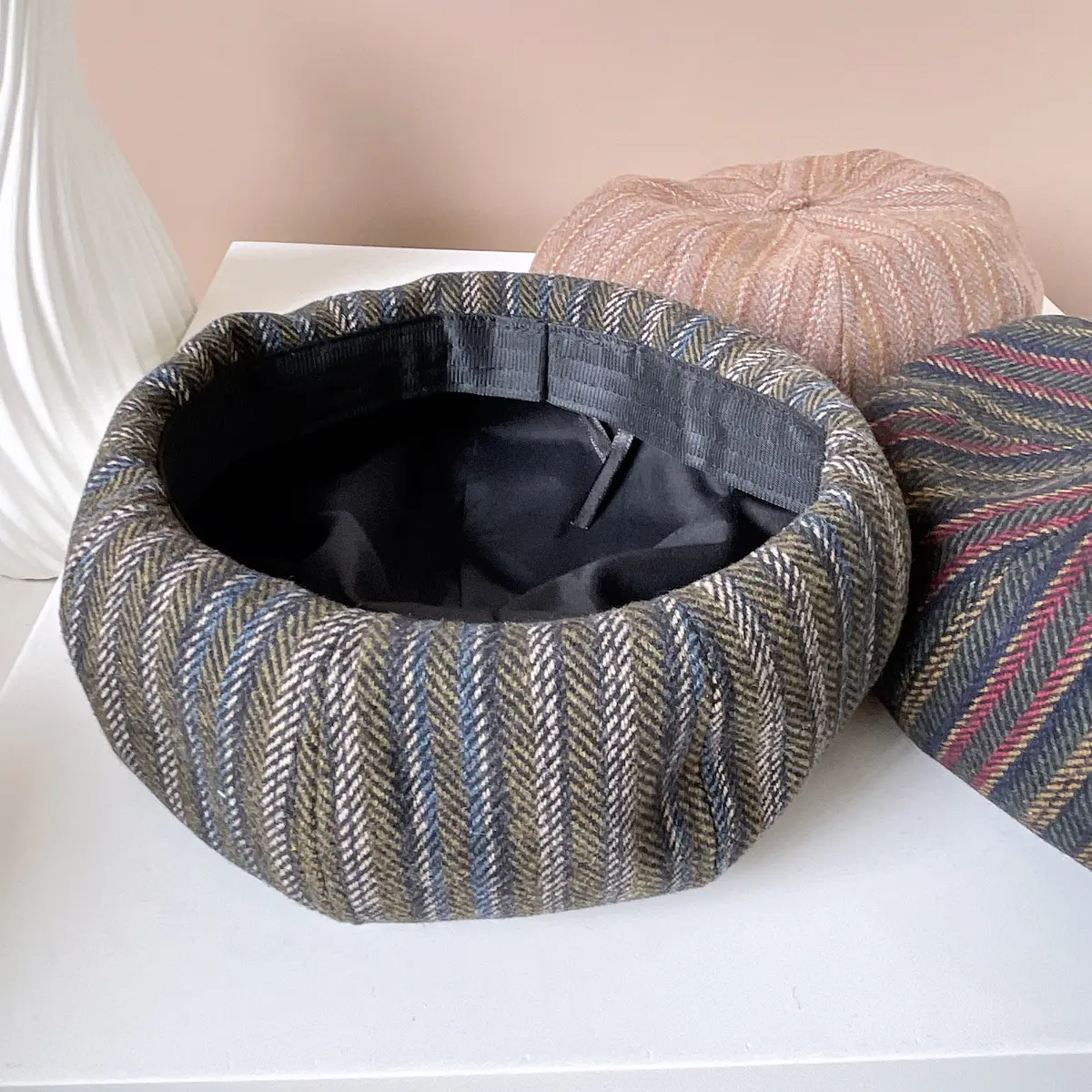 RH Women British Retro Adult Autumn Winter New Adjustable Artist Hat Tweed Stripe Fashion Beret Hat