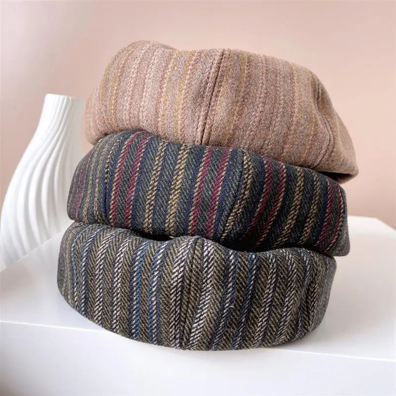 RH Women British Retro Adult Autumn Winter New Adjustable Artist Hat Tweed Stripe Fashion Beret Hat