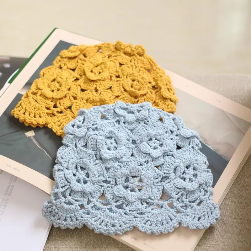 Handmade Woven Flowers Hollow Hat Lace Breathable Needle Wrap Head Cotton Thread Beanie Knit Hat