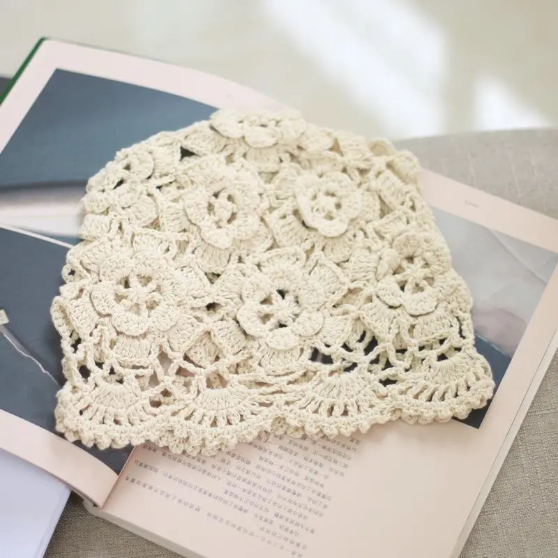 Handmade Woven Flowers Hollow Hat Lace Breathable Needle Wrap Head Cotton Thread Beanie Knit Hat