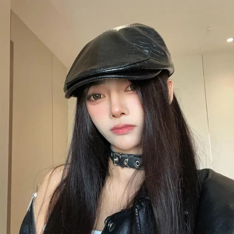 Women Retro Black Snake PU Faux Leather Female Fashion Visor Hat Spring Autumn Niche Octagonal Hat
