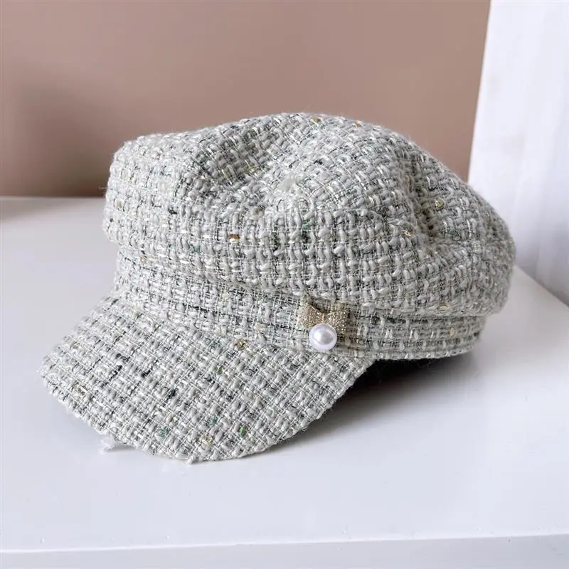 Women Newsboy Cap Autumn Winter Pearl Ribbon Felt Hats For Women Vintage Thick Octagonal Cap Female Casual Boina